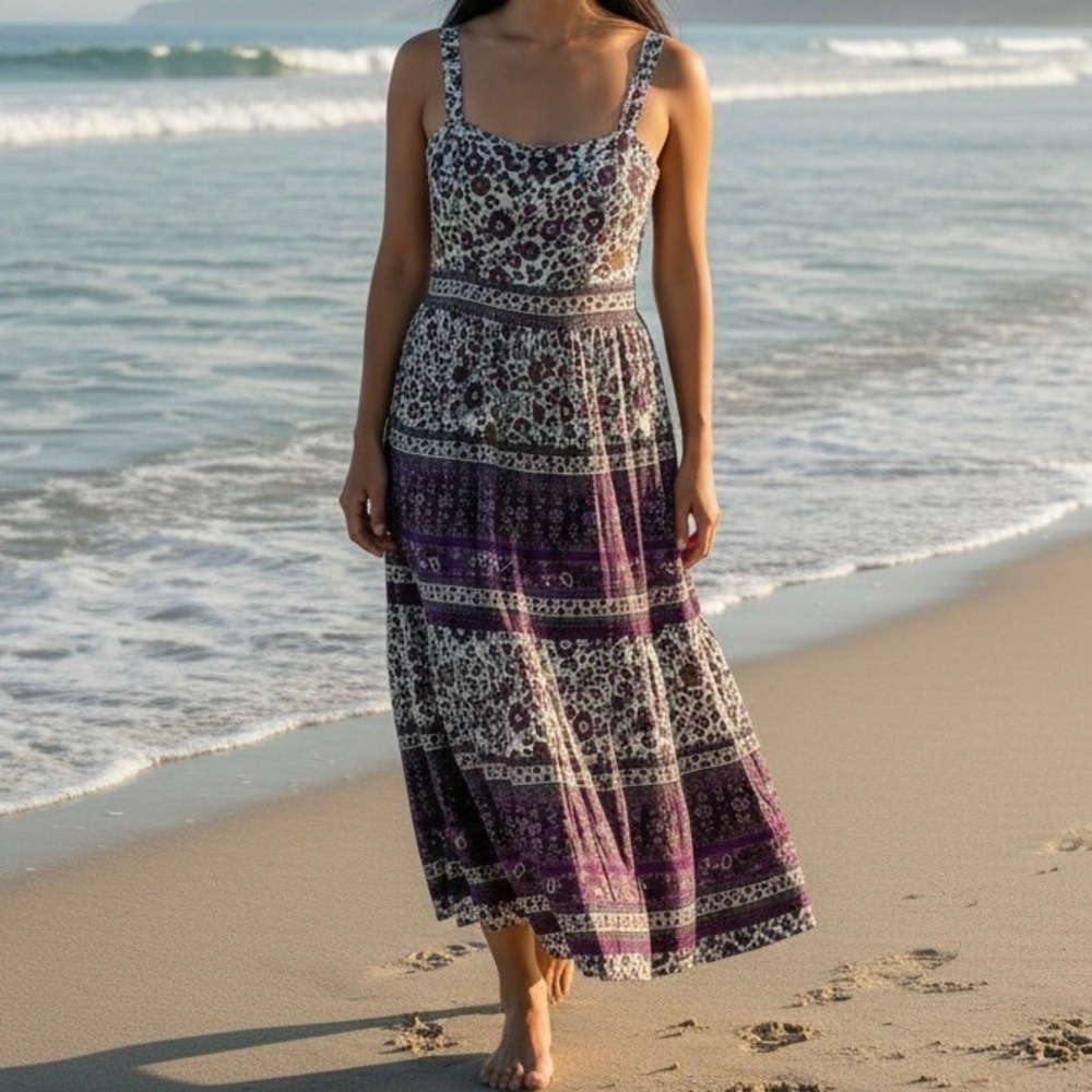 Umgee Purple Floral Maxi Dress Boho Tiered Women Sz S Summer Beach Cruise Resort